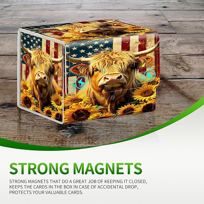 Card Deck Box for MTG, Cards Storage Box Fits 120+ Sleeved, Leather Small Size Strong Magnetic Closing Card Case for Board Games Magic TCG CCG Baseball Collection, Yellow Cow Sunflower