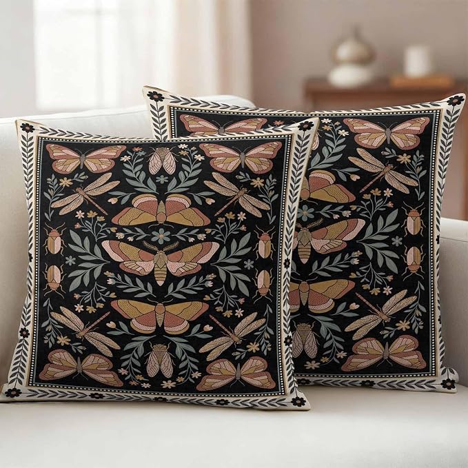 Vintage Butterfly Outdoor Waterproof Pillows Cover Pack of 2 Butterfly Moth Dragonfly Spring Decorative Pillowcases with Zipper Cushion Case for Patio Tent Couch Garden 24 x 24 Inches