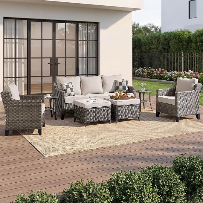 Luxury Patio Furniture Sofa Set - 7 Pieces All Weather Wicker Outdoor Couch and High Back Patio Chairs with Sofa & footstools for Deck Yard and Poolside Gray Wicker | Beige Cushions