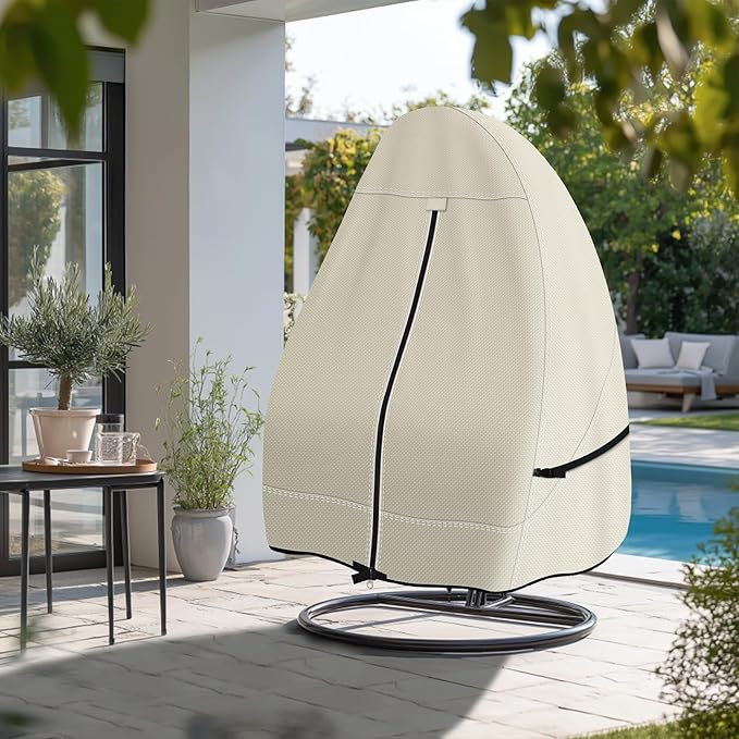 Porch Shield Patio Hanging Egg Chair Cover -600D Waterproof Outdoor Single Seat Wicker Swing Egg Chair with Stand Protector, Beige