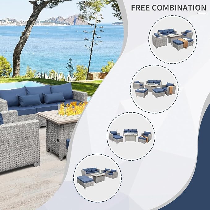 6-Piece Wicker Outdoor Patio Furniture Set with PE Rattan Sectional Sofa, Conversation Set and Fire Pit Table for Backyard Patio(Green)