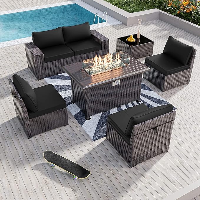 Kullavik 7 Pieces Outdoor Patio Furniture Set with 43" 55000BTU Gas Propane Fire Pit Table PE Wicker Rattan Sectional Sofa Patio Conversation Sets, Black
