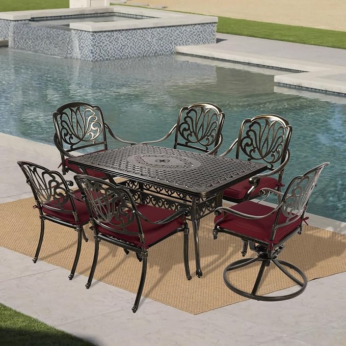 VIVIJASON 7 Pieces Cast Aluminum Outdoor Furniture Dining Set, Patio Conversation Set, Include 4 Stationary Chairs, 2 Swivel Dining Chairs and a Rectangle Table with 2" Umbrella Hole, Red Cushion
