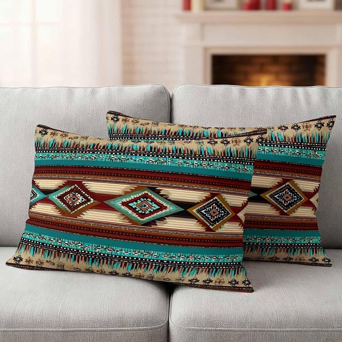 Boho Ethic Outdoor Pillow Covers 20"x12" Set of 2, Western Aztec Tribal Teal Brown Diamond Stripes Waterproof Throw Pillow Covers for Patio Furniture, Decorative Cushion Covers for Porch