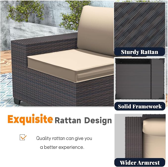 Patio Furniture Set 7 Pieces Outdoor Furniture Patio Conversation Set w/43in Aluminum Gas Fire Pit,PE Rattan Wicker 7 Pcs Outdoor Sofa Set w/55000 BTU Propane Fire Pit Table,Sand