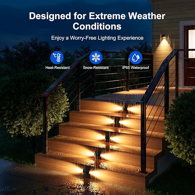 6 Pack Solar Powered Step Lights Outdoor Waterproof LED for Deck Stair Safety Outside Decorative Lamp for Yard, Patio, Porch Railing, Pathway, Fence, 2 Sided Warm White Lighting for Enhanced Security