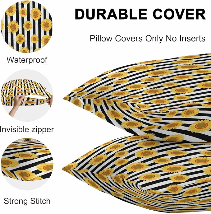 Vandarllin Outdoor Throw Pillows Covers 24x24 inch Set of 2 Waterproof Sunflower Decorative Zippered Cushion Covers for Patio Furniture, Summer Floral Black Stripes Lumbar Pillowcases