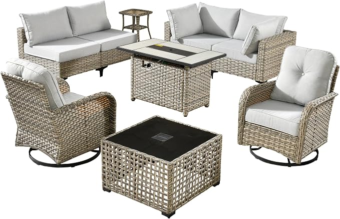 Outdoor Patio Furniture Sets,9 PCS Patio Conversation Set Outside Rattan Sectional Sofa with 42 in Square Fire Pit Table Wicker Rocking Chair Coffee Table Fit Backyard Garden Poolside Balcony