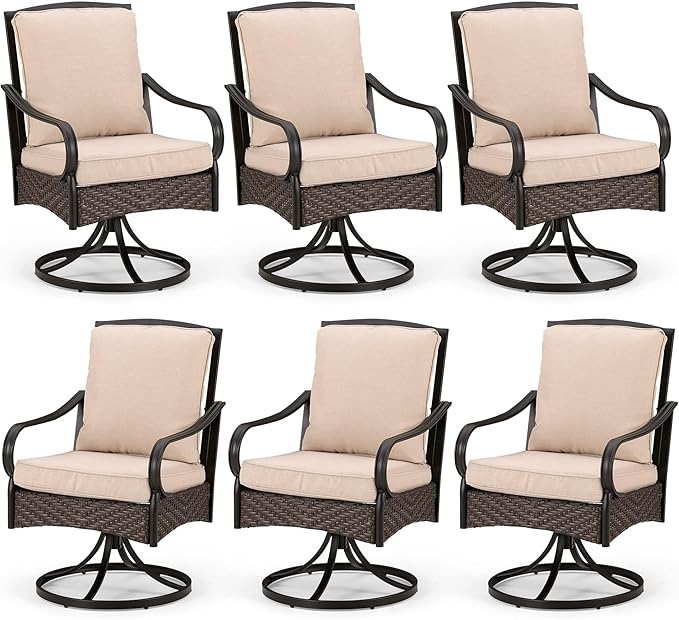 PHI VILLA Swivel Patio Dining Chairs Wicker Chairs Set of 6 with Cushions | Heavy Duty Outdoor Metal Wicker Dining Chair with Padded Cushions, Large All Weather Wrought Iron Patio Chair for Balcony