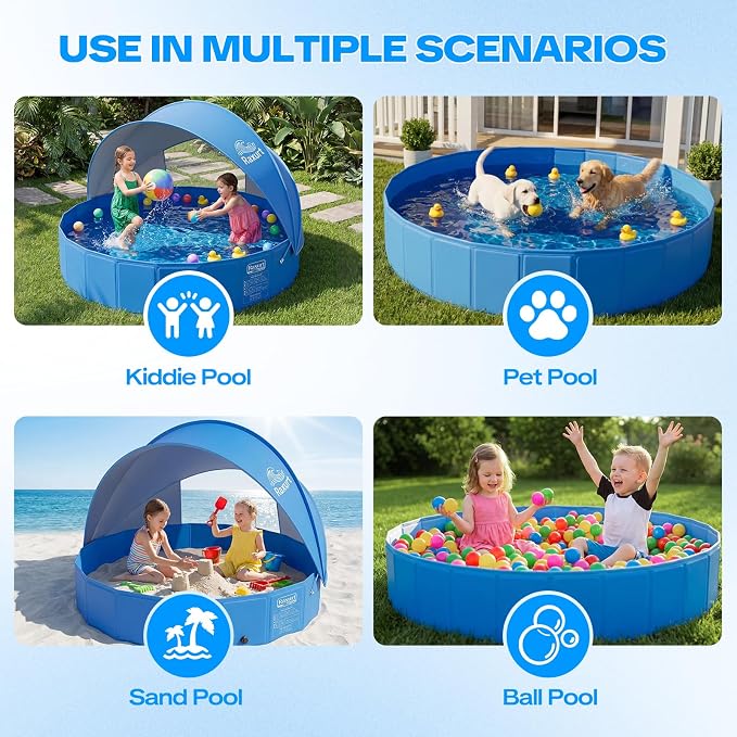 63in Kiddie Pool with Canopy - Large Foldable Toddler Pool with Detachable UPF 50+ Sunshade, Portable Non-Slip Kids Swimming Pool Collapsible Baby Pool for Outdoor Backyard Beach
