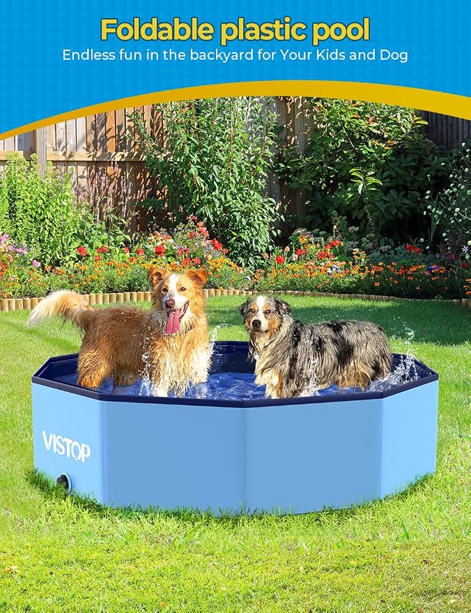 VISTOP Large Foldable Dog Pool, Hard Plastic Shell Portable Swimming Pool for Dogs Cats and Kids Pet Puppy Bathing Tub Collapsible Kiddie Pool (47inch.D x 11.8inch.H, Blue)