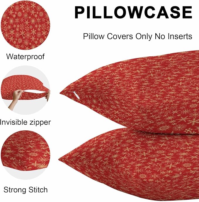 Red Christmas Outdoor Pillow Cover 24x24 Inch Cushion Sham Case, Farmhouse Gold Snowflakes Winter Xmas Waterproof Decorative Square Throw Pillowcase for Outside Garden Patio Porch Couch Chair Tent