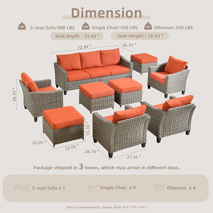 CAODOC Patio Furniture Set, 7 Pieces Outdoor Wicker Rattan Sofa Couch with 4 Chairs, Ottomans and Comfy Cushions, All Weather High Back Conversation Set Garden Backyard, Brown Rattan Red Cushions