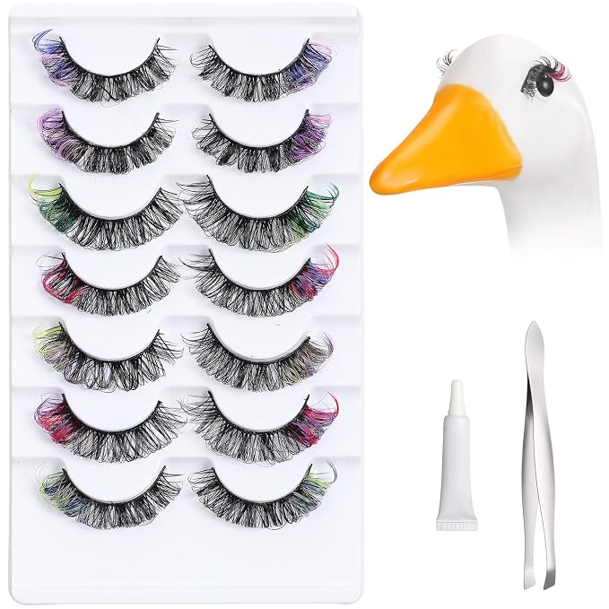 Geelin 7 Pcs Porch Goose Outfit Eyelash for 23/17'' Plastic Lawn Goose Statue Reusable Mink Fake Lashes End 3D Salon Eyelashes for Lawn Patio Art Decoration(Classic,Multicolor)