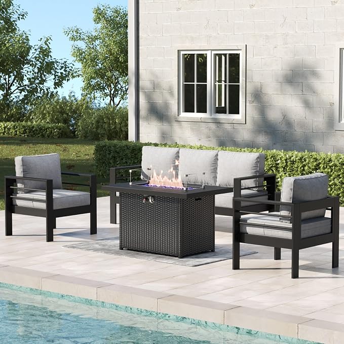 4 Pieces Aluminum Outdoor Patio Furniture Set with Fire Pit Table, Modern Metal Conversation Sofa Set with Deep Seating