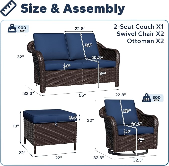 5 PCS Outdoor Conversation Set | 55" Couch, 2 Swivel Chairs, 2 Ottomans, Patio Wicker Conversation Furniture with Removable Cushions for Bistro, Deck, Sunroom (Navy Blue)