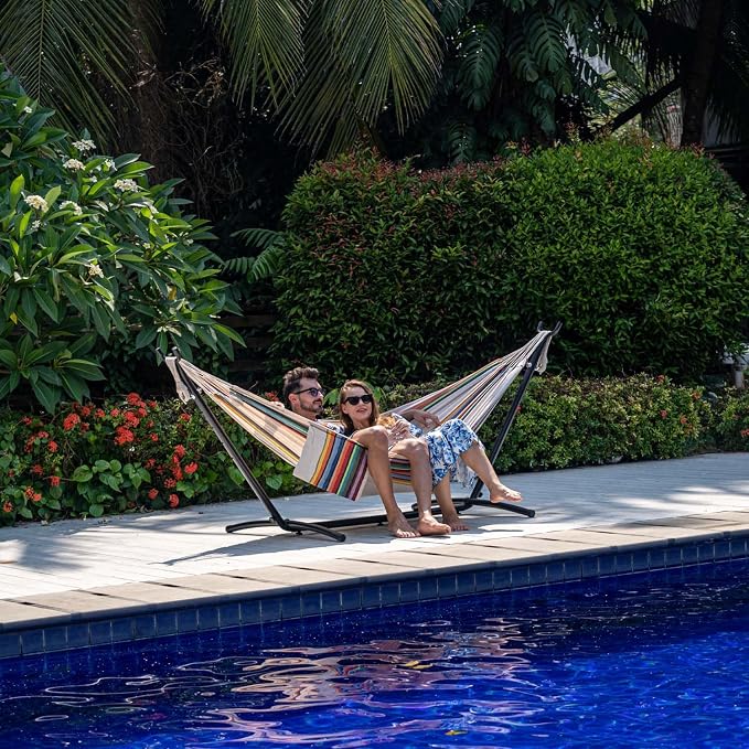 Lazy Daze Hammocks Double Hammock with 9ft Space-Saving Steel Stand Includes Portable Carrying Case, 450 Pounds Capacity (Tan Stripe)