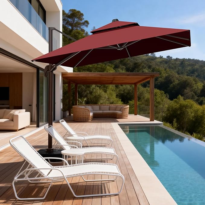 10x10Ft Patio Umbrella Outdoor Cantilever Rectangle Umbrella with Base Included, 6-Level Tilt & 360° Rotation Offset Umbrella for Garden, Deck, Pool(Red)