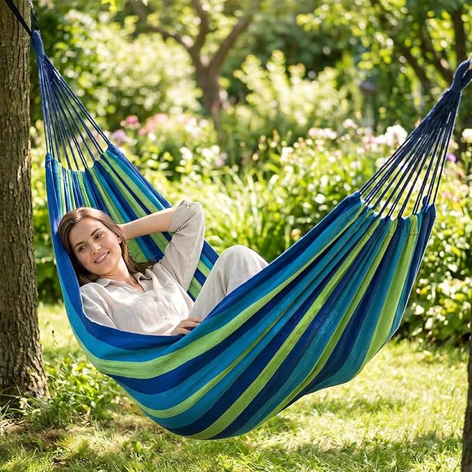 ANYOO Cotton Hammock Portable Camping Hammocks for Hanging Sturdy Garden Comfortable Fabric Hammock with Tree Straps Up to 660lbs with Travel Bag for Camping Outdoor/Indoor Patio Backyard