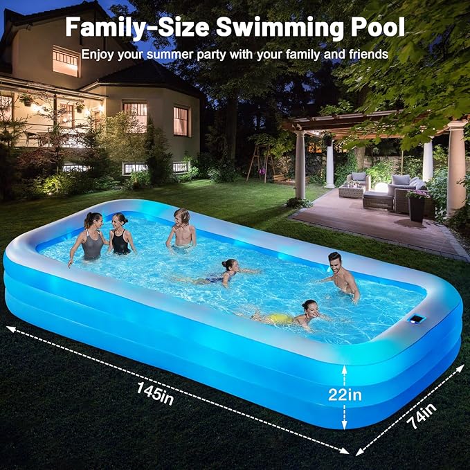 145"x74"x22", Large Solar Inflatable Pool with Lights, Oversized Thickened Blow Up Pool for Adults, 7 Color Changed Family Swimming Pool for Backyard, Outdoor