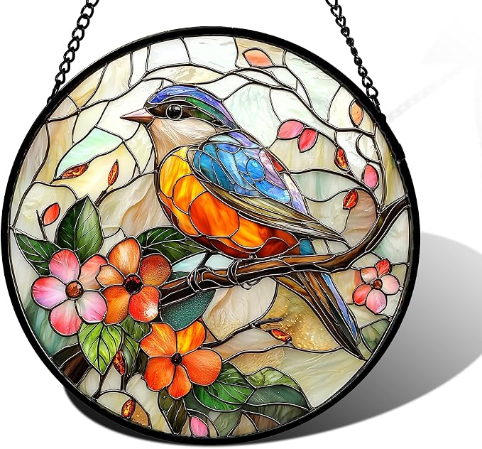 DASTOLL Stained Glass Window Hanging, Blue Bird Pink Flower Suncatcher Diamond Glass Panel Bird Sun Catchers Decor for Birthday for Women, Men, Wife, Aunt, and Mom 6.3 in