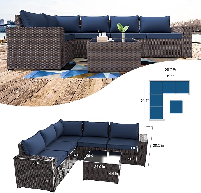 Kullavik Outdoor Patio Furniture Set 6 Pieces Sectional Rattan Sofa Set Brown PE Rattan Wicker Patio Conversation Set with 5 Seat Cushions and 1 Tempered Glass Table,Navy Blue