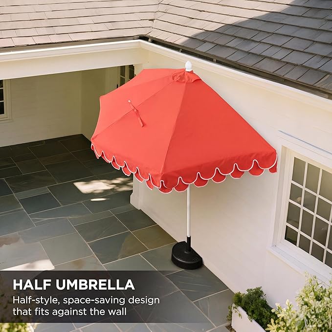 JONATHAN Y Terrace Scalloped 9 ft. Half Round Patio Umbrella with Crank Lift and Tilt, Coastal Semicircle Market Wall Umbrella for Balcony, Coral Red/White, White Pole UMB1202F
