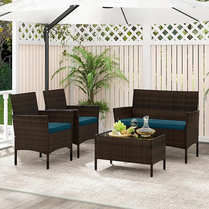 4 Piece Patio Furniture Set, Sectional Conversation Sofa Set with Glass Coffee Table, Cushions & Loveseat, Wicker Outdoor Table and Chairs for Pool, Garden, Deck, Backyard (1, Peacock Blue)