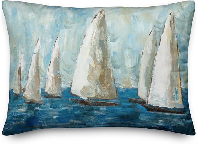 Painted Sailboats Indoor/Outdoor Pillow | Decorative Pillows for Living Room Couch Bed Sofa Patio, Fluffy Soft Cushion | Water Resistant Multi, 14x20