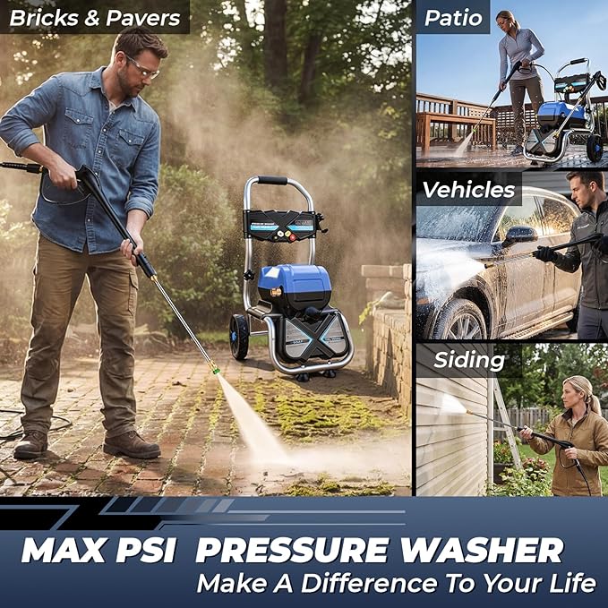 MAX 5000 PSI 4GPM Electric Pressure Washer, 3L Soap Bottle Professional Electric Power Washer with 8" Removable Wheels 5 QC Nozzles 23FT Hose, 1800W Commercial Plug Powered Pressure Washer, Blue