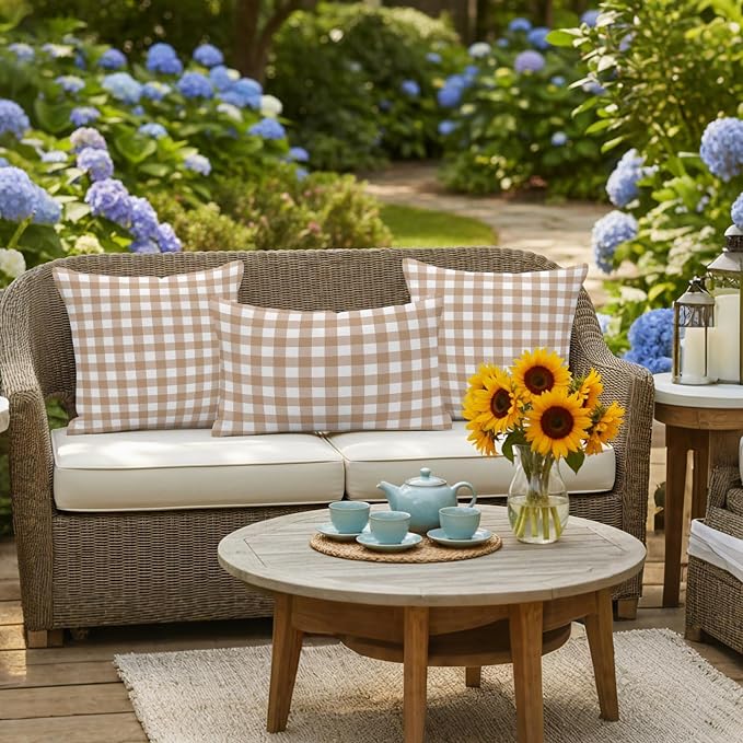 Brown Checks Outdoor Pillow Covers 20"x20" Set of 2, Beige Rustic Gingham Plaid Abstract Modern Waterproof Throw Pillow Covers for Patio Furniture, Decorative Cushion Covers for Porch