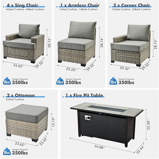 10 Pcs Outdoor Sectional Patio Furniture Set with Fire Pit Table - All Weather Wicker Modular Outside Sectional Couch,Patio Seating Outdoor Conversation Sets for Deck Yard Garden,Dark Grey