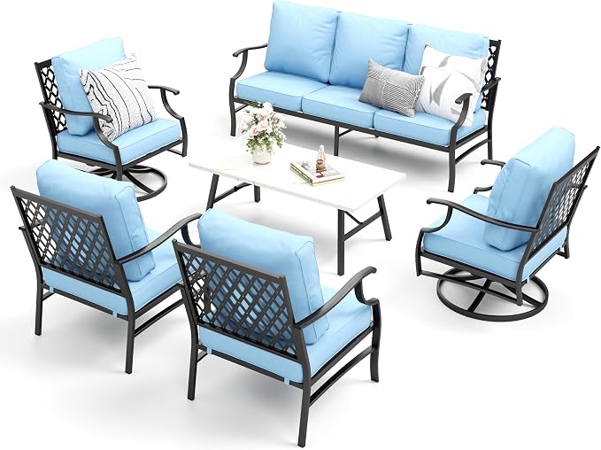 MIXPATIO Patio Furniture Set 6 pcs, Outdoor Patio Furniture, 1 X 3-Seat Sofa, 2 X Single Chairs, 2 X Swivel Chairs, 1 X Coffee Table and 5.75" Extra Thick Cushion, Patio Conversation Set,Blue