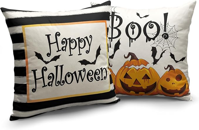 Halloween Decorations Pillow Covers 16x16 Black and White Striped Pillow Case Set of 2 Pumpkin Throw Pillow Covers Bat Spider Web Boo Pillowcase for Couch Sofa Party