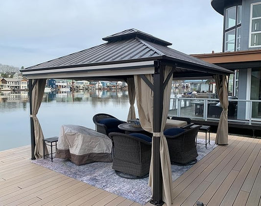 PURPLE LEAF 8’ X 12’ Outdoor Hardtop Gazebo Metal Frame Galvanized Steel Double Roof with Curtains and Nettings for Patio Desk Backyard Bronze