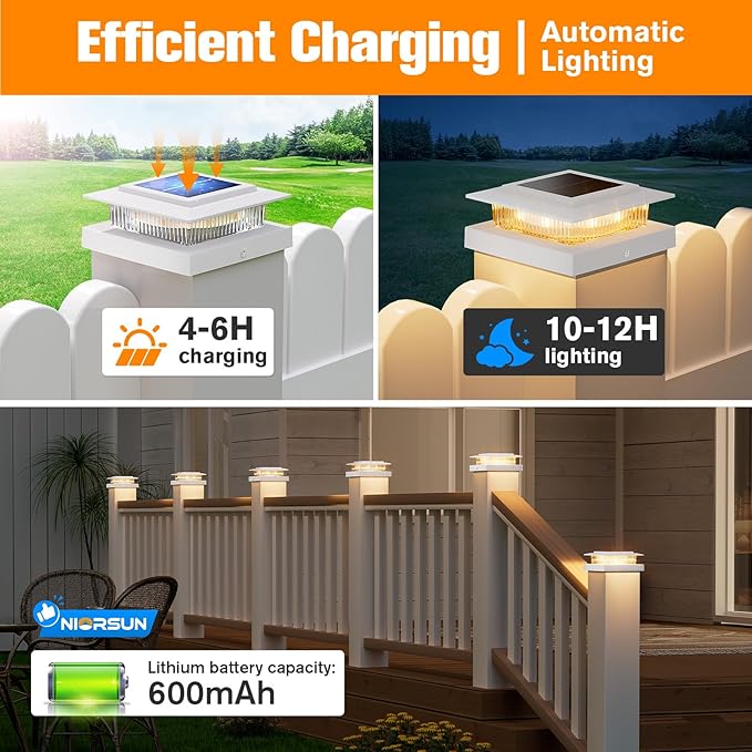 NIORSUN 4x4 Post Solar Lights Color Changing,Solar Post Light, 6 Pack White | RGB Solar Post Cap Lights for 4x4 Post Caps Wood Vinyl,5x5 Vinyl,IP44 Waterproof Fence Post Solar Lights Outdoor for Deck