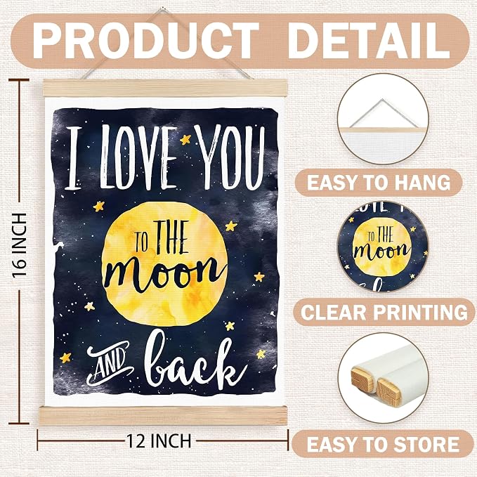 FDHSPAAM Moon Nursery Wall Art Decor, Baby Room Decor, Navy Blue Celestial I Love You To The Moon And Back Wall Art Posters for Nursery Home Kids Bedroom, 12x16 Inch