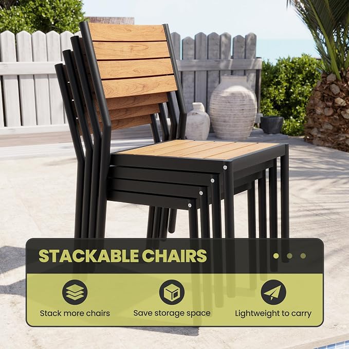 9-Piece Square Outdoor Dining Set, 56" Patio Table and Stackable Chairs | Aluminum Frame Adjustable Umbrella Hole All-Weather Wood Grain Tabletop for Garden, Deck, Backyard, Brown