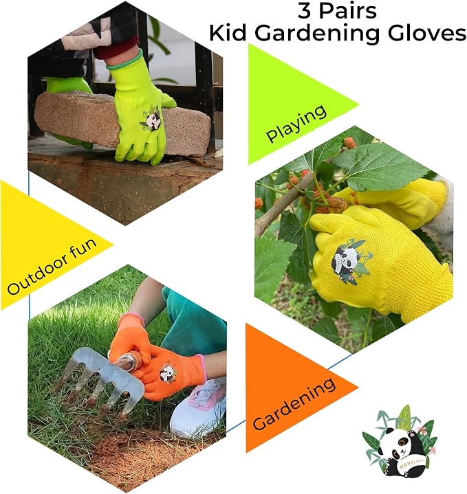 HANDLANDY 3 Pairs Kids Gardening Gloves, Grippy Kids Work Gloves, S | Nitrile Coated Children Toddler Garden Yard Work Cycling Outdoor Playing Gloves for Girls Boys