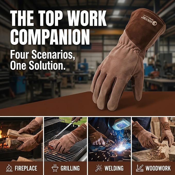 Thick Heat Resistant Welding Gloves for Grill Garden Work | Upgraded Heat Resistant Cowhide Gloves;Fireproof Heavy Duty Leather Gloves;Welding Grilling Multi-use Safety Gloves