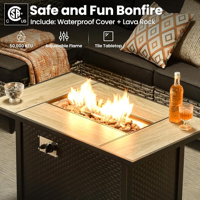 ovios 8-Piece Patio Furniture Set with L-Shape Sofa Chaise, Outdoor Sectional Couch Swivel Gliders Fire Pit Table, Modern Modular Wicker Rattan Conversation Set, Black