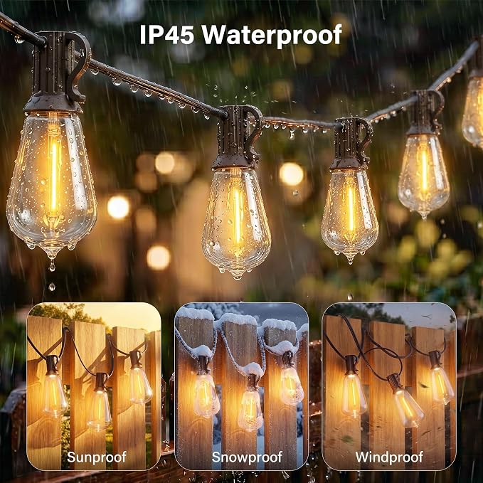 Ollny 155FT Outdoor String Lights, Shatterproof Connectable Patio Lights with 60 ST38 Edison LED Bulbs, 2200K Warm White Waterproof String Lights for Outside Backyard, Gazebo, Porch, Balcony, Bistro