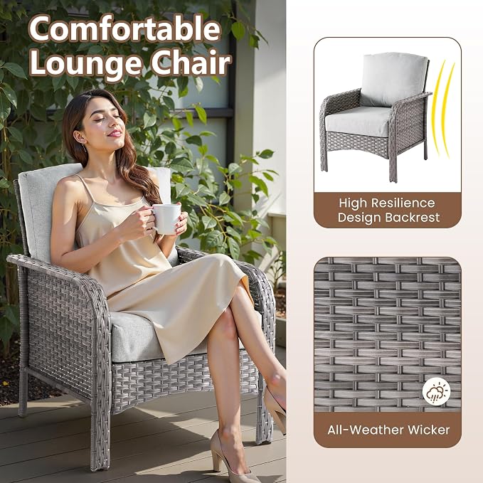 2 PCS Outdoor Patio Furniture Set with Thickened Cushions, All-Weather Rattan Wicker Outdoor Conversation Set for Porch,Backyard,Balcony,Grey