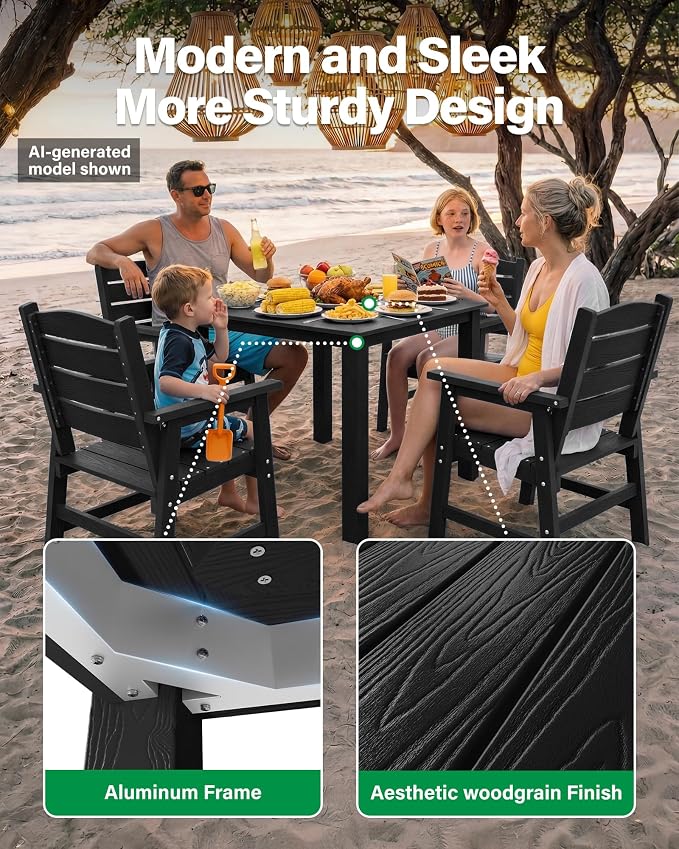 YEFU HIPS Patio Dining Set for 6 : Modern Outdoor Table and Chairs Easy Clean Outdoor Dining Set - 8-Piece Waterproof All-Weather Easy Assembly Furniture for Backyard Garden Deck（Black）