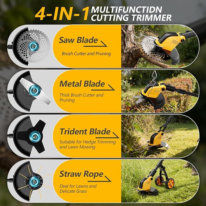 20000RPM Cordless Electric Weed Wacker, 12" Brushless Cordless String Trimmer, 4 in 1 Weed Eater/Brush Cutter/Weed Trimmer with 2*Batteries Powered & Auxiliary Wheels, Grass Trimmer for Yard Care