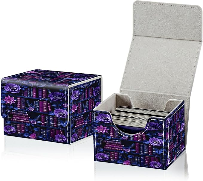 Card Deck Box for MTG, Cards Storage Box Fits 120+ Sleeved, Leather Small Size Strong Magnetic Closing Card Case for Board Games Magic TCG CCG Baseball Collection, Purple Flower Books
