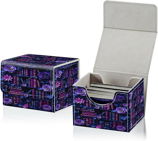Card Deck Box for MTG, Cards Storage Box Fits 120+ Sleeved, Leather Small Size Strong Magnetic Closing Card Case for Board Games Magic TCG CCG Baseball Collection, Purple Flower Books