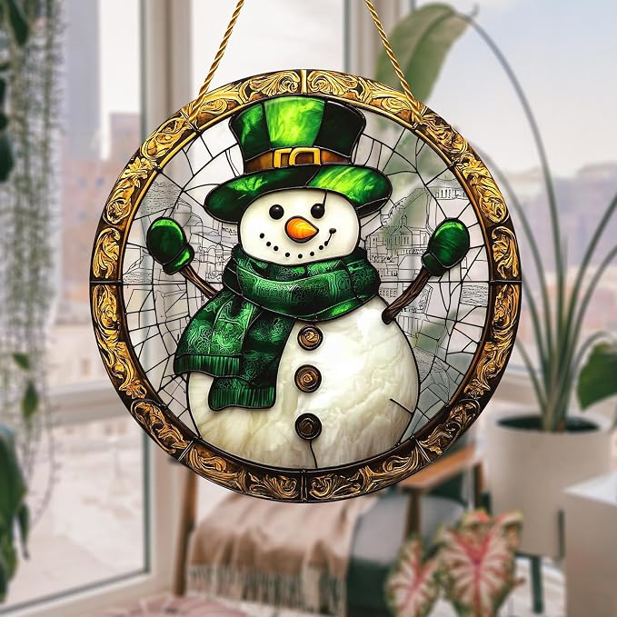 8x8 inch Charming Christmas Snowman Acrylic Stained Glass Window Hanging Sun Catcher Decor Stained Panel Hangings Wall Art Decor, for Friends and Family (Snowman)
