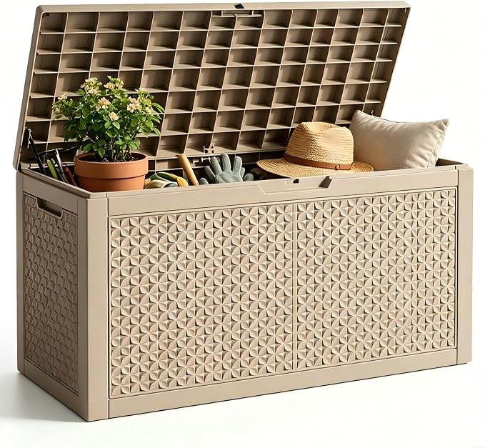 102 Gallon Outdoor Storage Box, Resin Deck Box Waterproof & Lockable, Patio Cushion Storage Bench for Garden, Pool, Furniture & Tools, UV Resistant Heavy Duty, Gray Brown