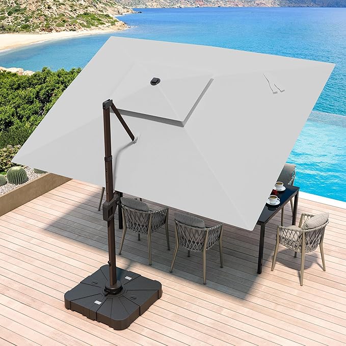 JZAC & QZYD 10X13 FT Outdoor Cantilever Patio Umbrella with Base Included and LED Lights, Large Heavy Duty 2-Tier Aluminum Offset Umbrellas with 360-Degree Rotation for Pool Deck, FogGrey